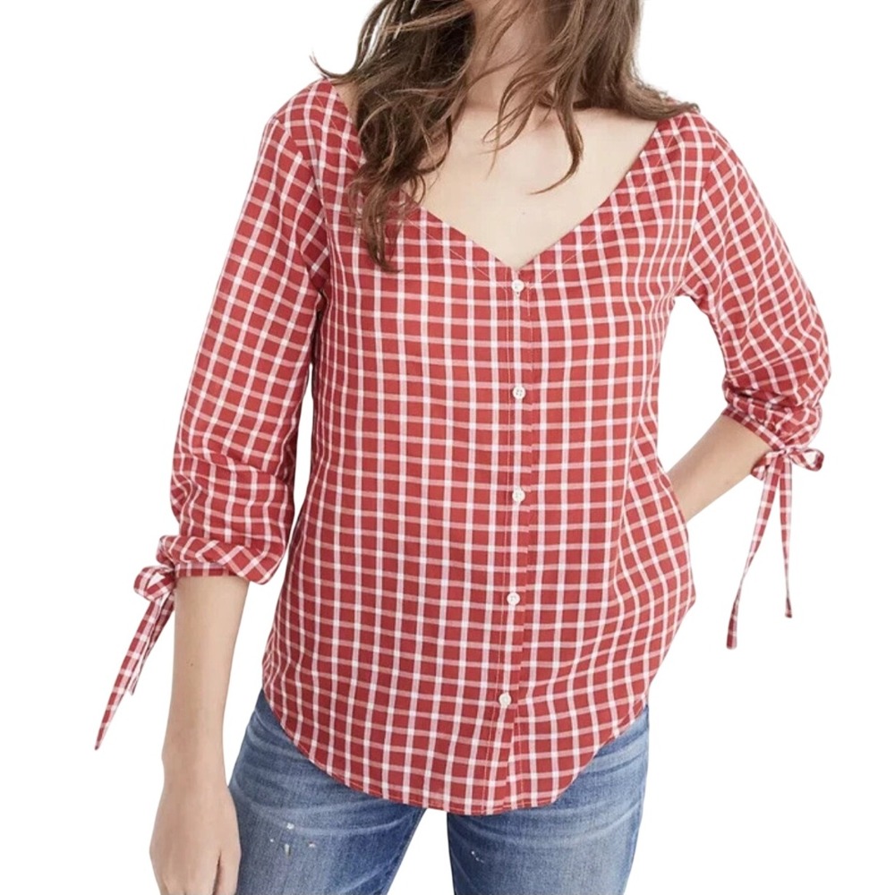 Madewell Marie Tie Cuff Top Red Gingham Plaid Button Plaid Blouse V Neck Medium